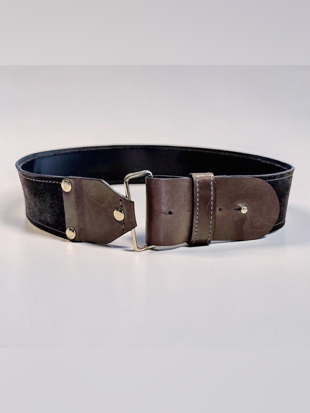Zenobia | Italy | Wide Leather Belt | Dark Brown | Riveted Buckle | 39” x 2”